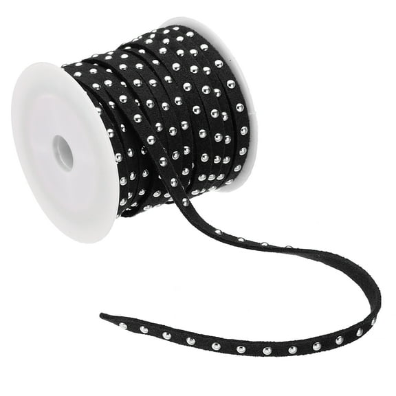 16.4ft Studded Faux Suede Cord Rope for Jewelry Making 5mm Micro Fibre Flat Leather Lace Beading String Ribbon with Rivets, Black Silver