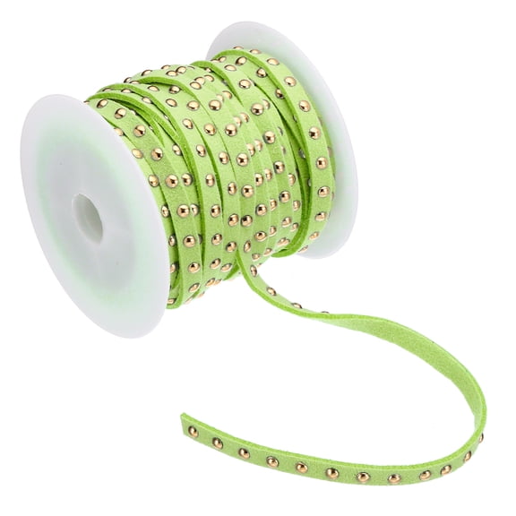 16.4ft Studded Faux Suede Cord Rope for Jewelry Making 5mm Micro Fibre Flat Leather Lace Beading String Ribbon with Rivets, Green Golden