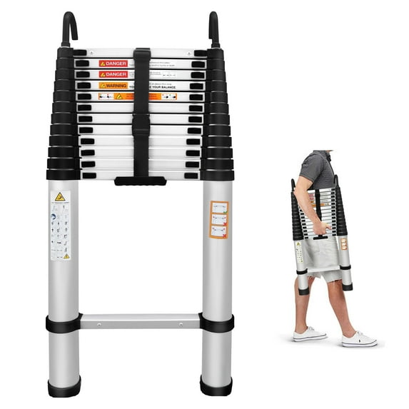 16.4ft Telescoping Ladder with 2 Detachable Hooks, Aluminum Extension Folding Ladder 12 Steps, 330lbs Max Load, Portable Home Attic Ladder with Non-Slip Rubber Feet 3.1ft Folded Height