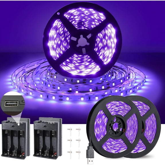 16.4ft USB Black Light Strip with Battery Box, 5V LED Blacklight Strip 300LEDs for Glow in The Dark, 385-400nm for Halloween Birthday Party Fluorescent Poster Painting, 2pcs x 8.2ft