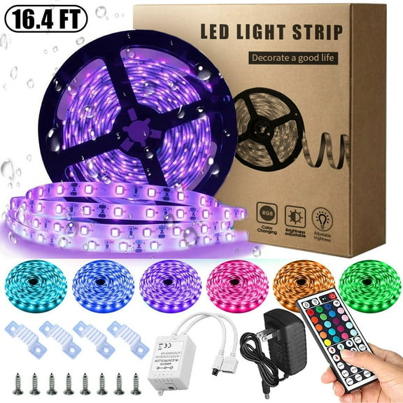 16.4ft Waterproof LED Strip Lights, Color Changing Flexible Light Strips, RGB LED Light Strip Kit with 44Key Remote Controller and 12V DC Power Supply for Kitchen Bedroom Party
