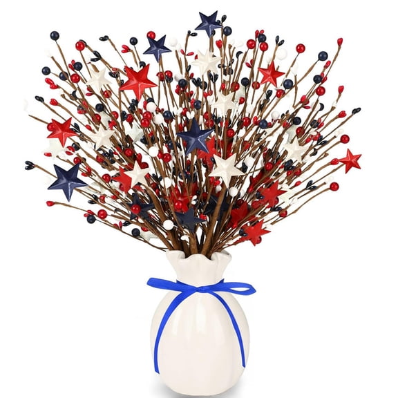 16" 4th of July Patriotic Stems Picks with Star Red White Blue Artificial Art Flowers Berry Independence Memorial Day Branches for Bouquet Garland Table Centerpieces Home Decorations (6 Piece)