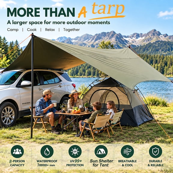 16.4x14.7ft Camping Tarp with Black Vinyl Coating, PU10000 Waterproof Sunshade Canopy, Portable Large Shelter with 7.8ft Steel Poles for Camping, Hiking, Picnic, Festival & Outdoor Activities