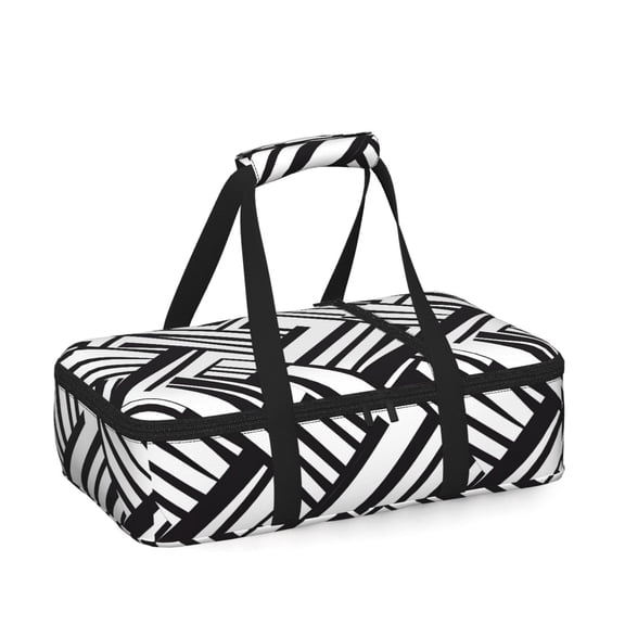 16.510.6in Single Layer Cooker Heat Preservation Bag Is Waterproof And Insulated With Comfortable Handle For Easy Carrying Black Geometric Lines_3
