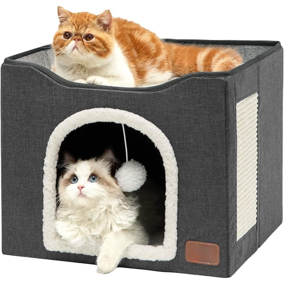 "16.5×16.5×13 Inch Dark Grey Cat Cave Bed | Foldable Hideaway + Hanging Fluffy Ball + Scratch Pad | Large Indoor Cat House for Pets"