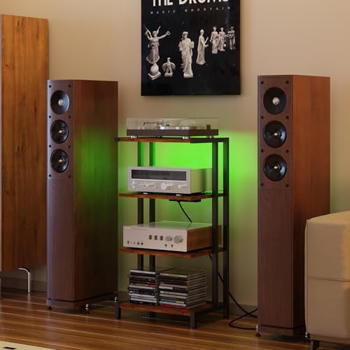 16.5" Small 4-Tier AV Media Stand with Power Strips,Narrow Version Wooden Corner TV Stand Shelf with LED Lights,Stereo Cabinet Audio Rack Stand Tower for Small Media Players and Boes