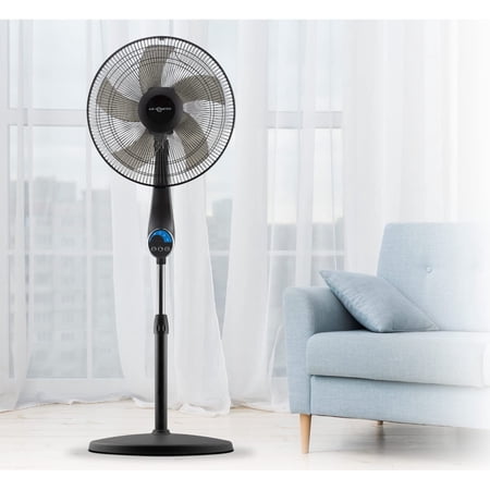 16" 5-Blade, 5 Speed Adjustable Height Ultra Powerful Quiet Oscillating Standing Pedestal Fan with Remote Control, 7.5 Hour Timer, Stand Fan for Bedroom, Black