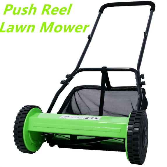 16" 5-Blade Push Reel Lawn Mower with Grass Catcher, No Gas or Electric, Push Manual Lawn Mower with Sharp Steel Blades, Adjustable Heights, Eco-Friendly and Quiet Operation, for Home Lawns, Green
