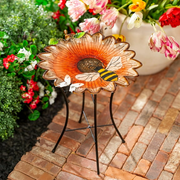 16.5"D Metal Bird Bath with Stand, Sunflower & Bee