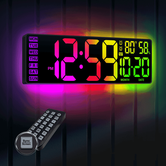 16.5" Digital Wall Clock with Remote, Dual RGB Dynamic Backlight, Auto Dimming LED Clock with Date Temperature Humidity, Large Number Wall Mounted Clock for Home Office Classroom Gym Dorm Seniors