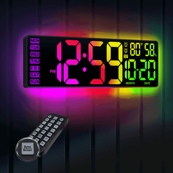 16.5" Digital Wall Clock with Remote, Dual RGB Dynamic Backlight, Auto Dimming LED Clock with Date Temperature Humidity, Large Number Wall Mounted Clock for Home Office Classroom Gym Dorm Seniors