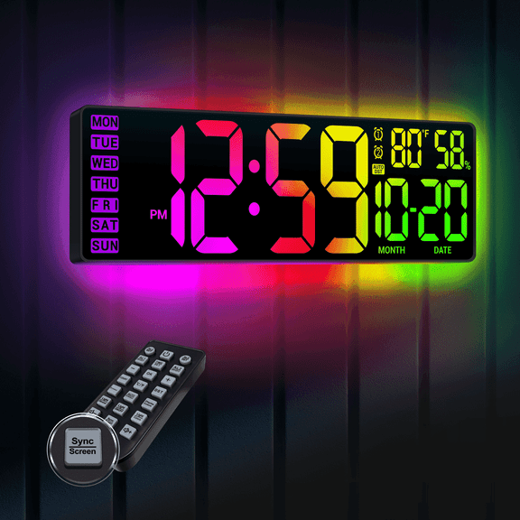 16.5" Digital Wall Clock with Remote, Dual RGB Dynamic Backlight, Auto Dimming LED Clock with Date Temperature Humidity, Large Number Wall Mounted Clock for Home Office Classroom Gym Dorm Seniors
