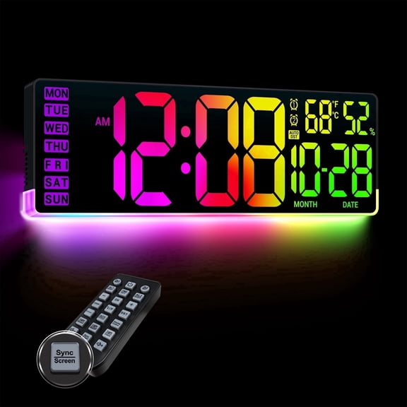 16.5" Digital Wall Clock with Remote, U-Shape Dynamic RGB Ambient Backlight, Auto Dimming LED Clock with Date Temperature Humidity, Large Display Wall Clock for Home Office Classroom Gym Dorm Elderly