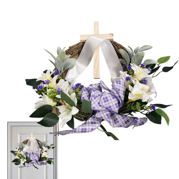 16.5'' Easter Cross Wreath, Spring Floral Front Door Wreath with Purple Plaid Bow for Religious Easter Home Decor (Boxed)