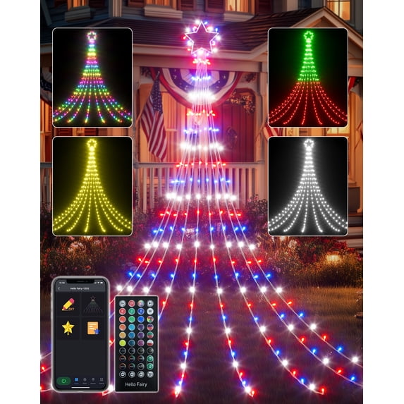 16.5 FT 245 LED Outdoor Smart Star Waterfall Lights App Control Color Changing Patriotic String Lights 74 Modes DIY Music Sync Timer Waterproof Fairy Lights for Independence Day 4th of July