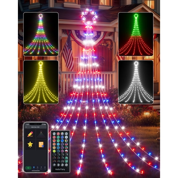 16.5 FT 245 LED Outdoor Smart Star Waterfall Lights App Control Color Changing Patriotic String Lights 74 Modes DIY Music Sync Timer Waterproof Fairy Lights for Independence Day 4th of July