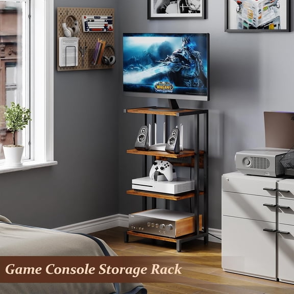 16.5" Game Console Shelf with Outlet, 4-Tier Video Gaming Consoles Stand for PS5, , Game Console, TV Box, WiFi Router