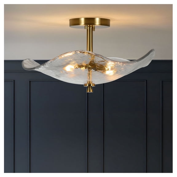 16.5" Gold Semi Flush Mount Ceiling Light, 2-Light Modern Fixture for Bedroom Bathroom Hallway Kitchen Dining Room, Dimmable Glass Ceiling Lamp