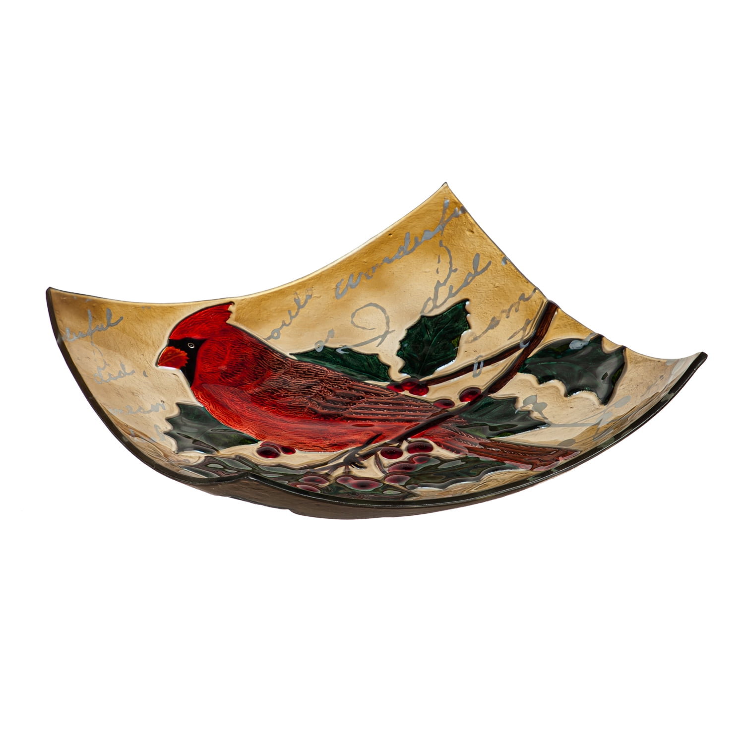 16.5" Hand Painted Embossed Square Glass Bird Bath, Holiday Cardinal
