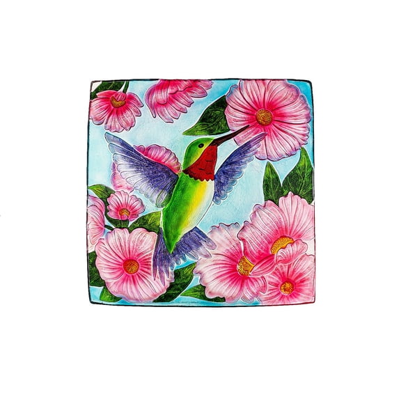 Evergreen 16.5" Hand Painted and Embossed Square Bird Bath, Hummingbird with Flowers