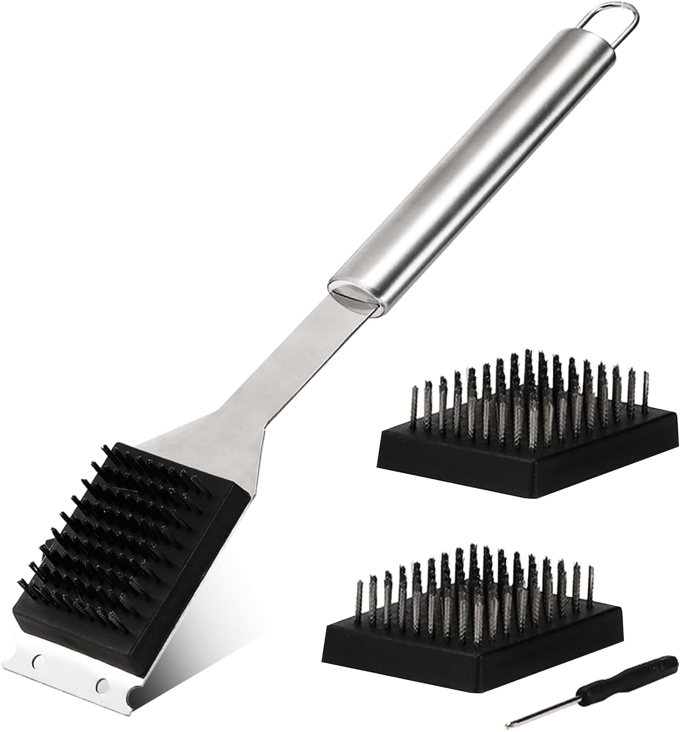 16.5 Inch BBQ Grill Brush with Scraper, 304 Stainless Steel Wire Grill Cleaner Kit with 2 Replacement Brushes and Multi-Purpose Screwdriver for Outdoor Grilling