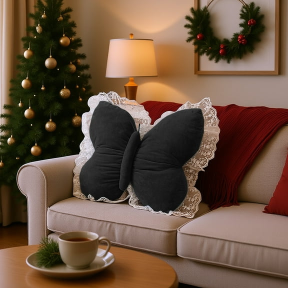 16.5 Inch Butterfly Throw Pillow - Velvet Lumbar Support Cushion for Sofa/Bed, Decorative Home Accent with Lace Trim (Black,16.53x16.53in)