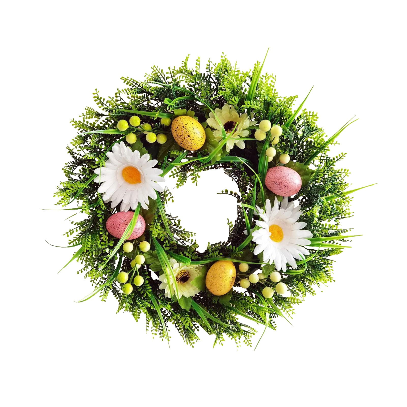 16.5 Inch Daisy & Fern Easter Wreath with Speckled Eggs, Lush Greenery ...