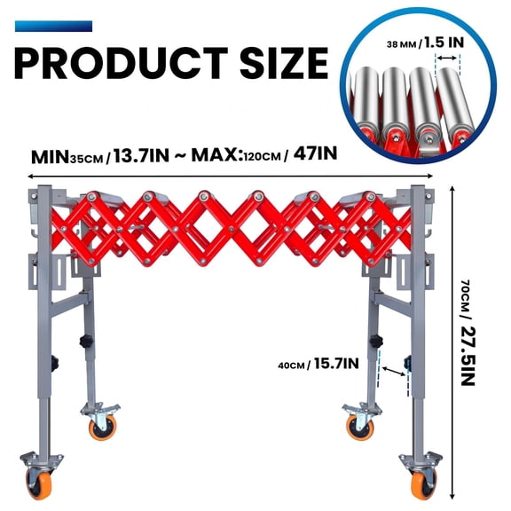 16.5 Inch Expandable Roller Conveyor, Adjustable Conveyor Roller 600 LBS, Telescopic Conveyor Belt for Woodworking