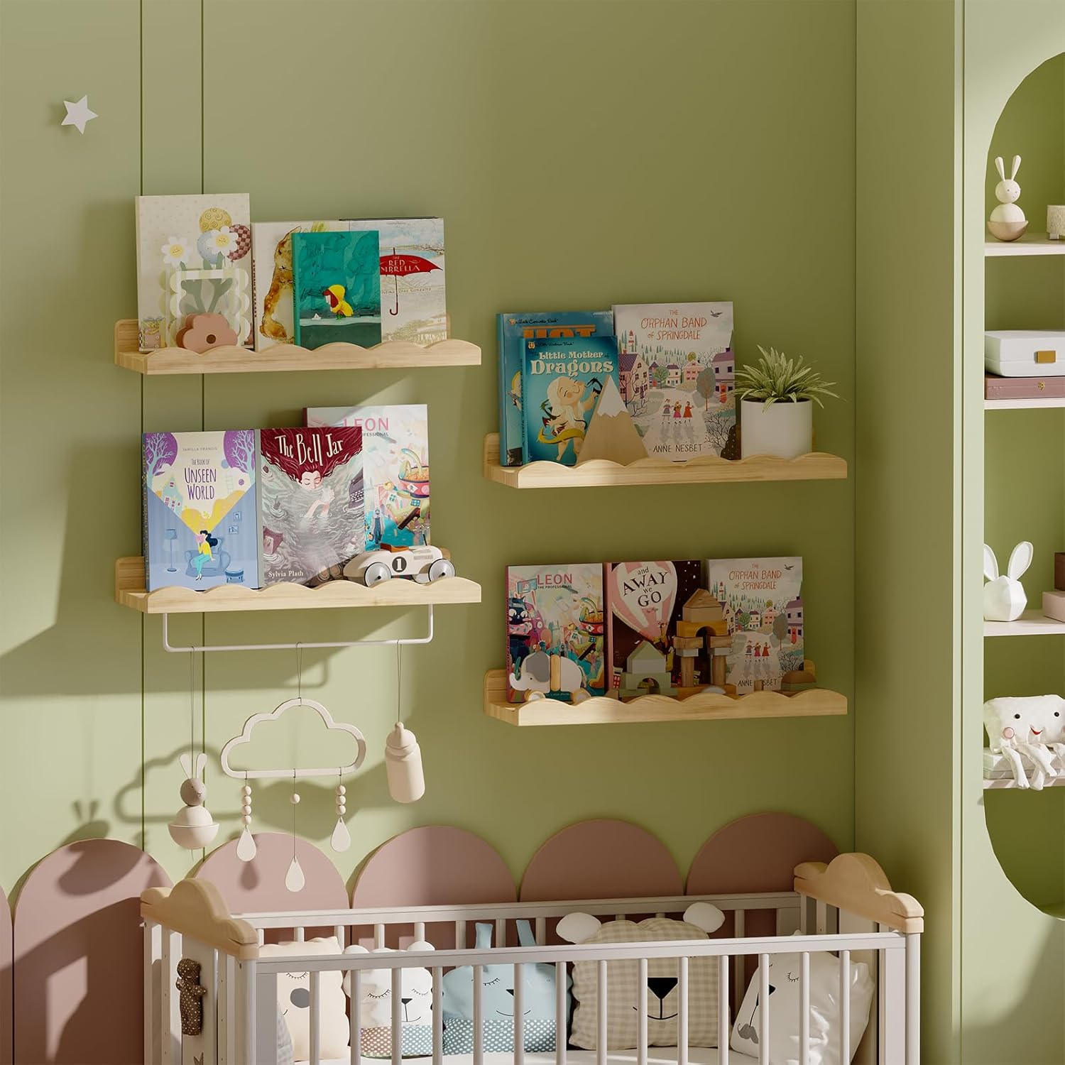 16.5 Inch Floating Bookshelves for Wall Set of 4, Scalloped Wall Book