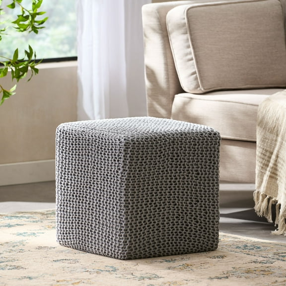 16.5 Inch Knitted Foot Stool, Decorative Ottoman for Living Room, Bedroom, Dorm, Soft Gray Cotton Fabric