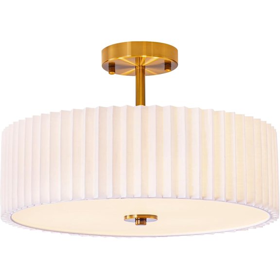 16.5 Inch Semi Flush Mount Ceiling Light Fixture,Gold Finish with Pleated Fabric Shade,3-Light Flush Mount Ceiling Light,Modern Light Fixtures Ceiling Mount for Bedroom,Hallway,Nursery Room