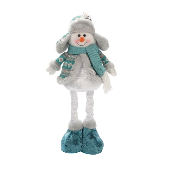 16.5 Inch Snowman Figurines Standing Plush Ornament, Telescopic Blue Fabric Christmas Santa Claus Snowman with Hat and Scarf Extendable Legs for Tabletop Fireplace Tree