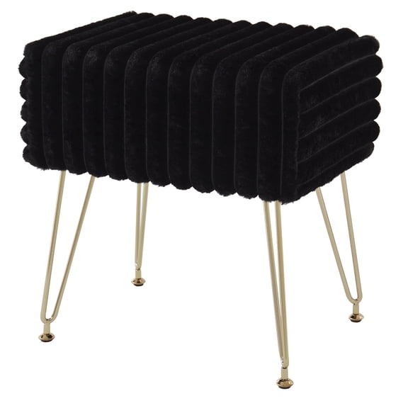 Ebenchico Modern Vanity Stool Striped Faux Fur Footstools Ottoman Bench 17.3" Vanity Bench Stool Adjustable Feet for Makeup Bedroom Entryway, Black