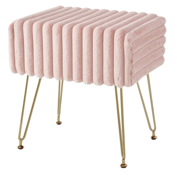 Ebenchico Modern Vanity Stool Striped Faux Fur Footstools Ottoman Bench 17.3" Vanity Bench Stool Adjustable Feet for Makeup Bedroom Entryway, Pink