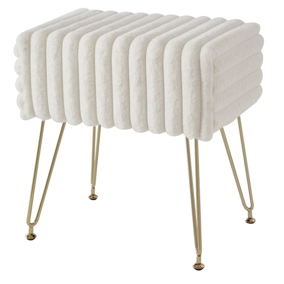 Ebenchico Modern Vanity Stool Striped Faux Fur Footstools Ottoman Bench 17.3" Vanity Bench Stool Adjustable Feet for Makeup Bedroom Entryway, White