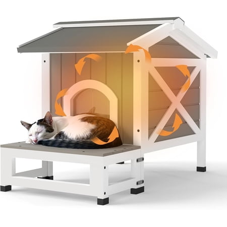 16.5" L Insulated Outdoor Cat House,All-Round Insulated Design Feral Cat Shelter with 2 Escape Doors for Winter Cats,Weatherproof Cat Houses with Openable Asphalt Roof & Wooden Balcony,Grey