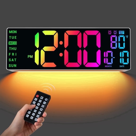 16.5" Large Digital Wall Clock: 11 RGB Color LED Display with Remote Control, Auto DST, Temperature & Date, Big Number Wall Clock for Seniors, Classroom, Office, Gym, Home Decor Khaki