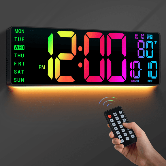 16.5" Large Digital Wall Clock: 11 RGB Color LED Display with Remote Control, Auto DST, Temperature & Date - Big Number Wall Clock for Seniors, Classroom, Office, Gym, Home Decor, Black