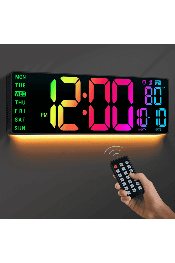 16.5" Large Digital Wall Clock: 11 RGB Color LED Display with Remote Control, Auto DST, Temperature & Date - Big Number Wall Clock for Seniors, Classroom, Office, Gym, Home Decor, Black