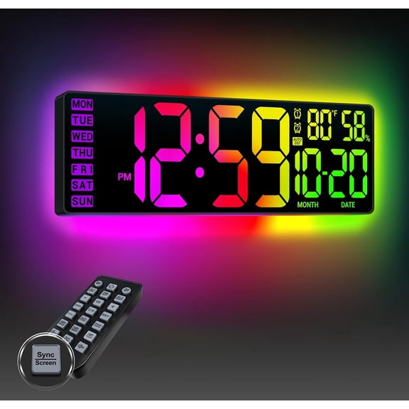 16.5" Large Digital Wall Clock: 13 RGB Night Lights Giant LED Display with Remote, Auto DST & Dimming, Classroom Must Have, Gaming Room Dorm Decor, Big Number Clock for Seniors RGB