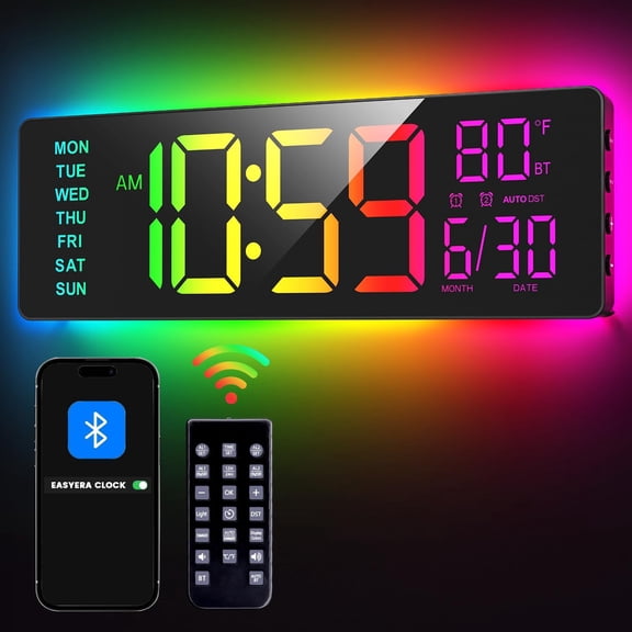16.5" Large Digital Wall Clock with BT Sync, 11 RGB Lights | 11 Scenes Mode Remote Control, Big LED Clock with Dual Alarms, Auto DST, Temperature for Classroom Gaming
