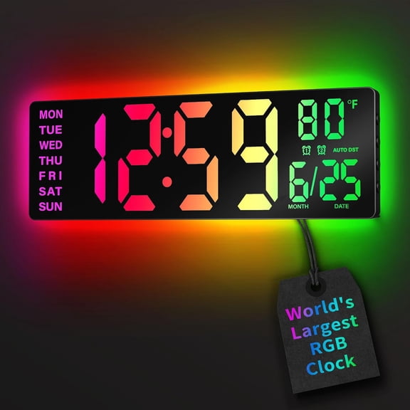 16.5" Large Digital Wall Clock with BT Sync,11 RGB Lights | Classroom Clock Remote Control, Big LED Display, Dual Alarms, Auto DST, Temperature | Gaming