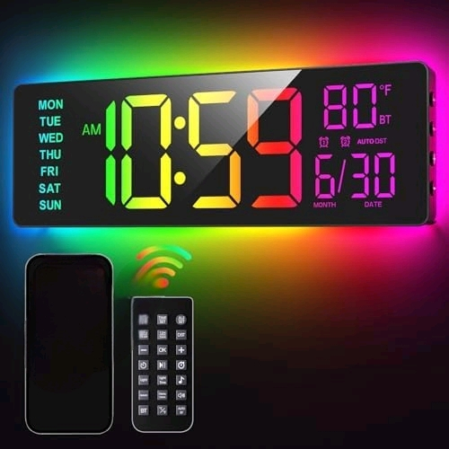 16.5" Large Digital Wall Clock with BT Sync, RGB Lights with 11 Scenes Mode Remote Control, Big LED Clock with Dual Alarms, Auto DST, Temperature for Classroom Gaming$$Home Decor, Kitchen, & Other