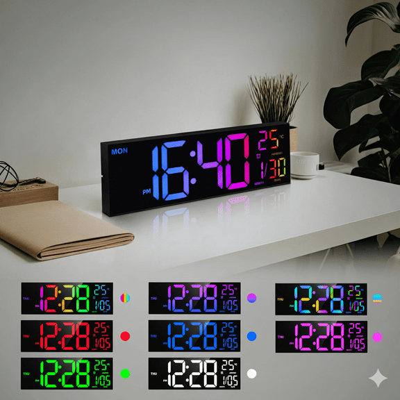 16.5" Large Digital Wall Clock, RGB Lights with 8 Colors & 7 Gradient Modes, Extra Large Time Display, Dual Alarms, Auto DST, Temperature for Classroom Gaming  House Warming Gift, Black