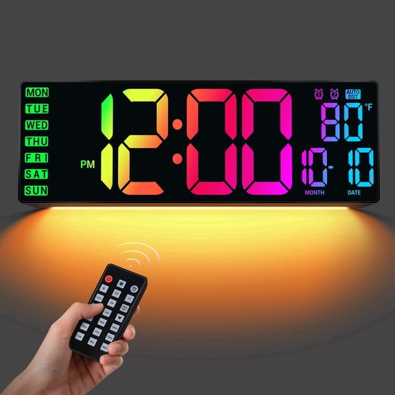16.5" Large Digital Wall Clock with Remote Control, Auto-Dimming LED Display with Date Temp, Big Number Wall Mount Decor Clock for Seniors, Classroom, Dorm, Home, Office, Gym Colorful