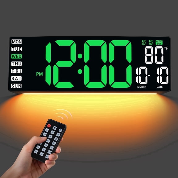 16.5" Large Digital Wall Clock with Remote Control, Auto-Dimming LED Display with Date Temp, Big Number Wall Mount Decor Clock for Seniors, Classroom, Dorm, Home, Office, Gym Green