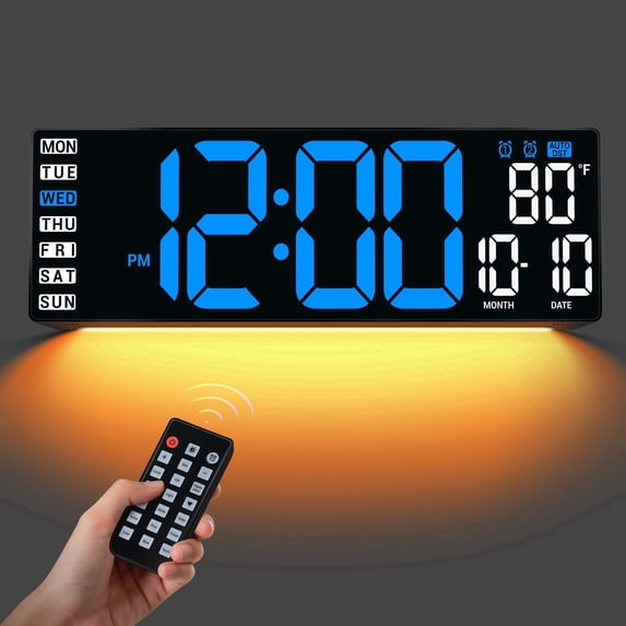 16.5" Large Digital Wall Clock with Remote Control, Auto-Dimming LED Display with Date Temp, Big Number Wall Mount Decor Clock for Seniors, Classroom, Dorm, Home, Office, Gym Blue