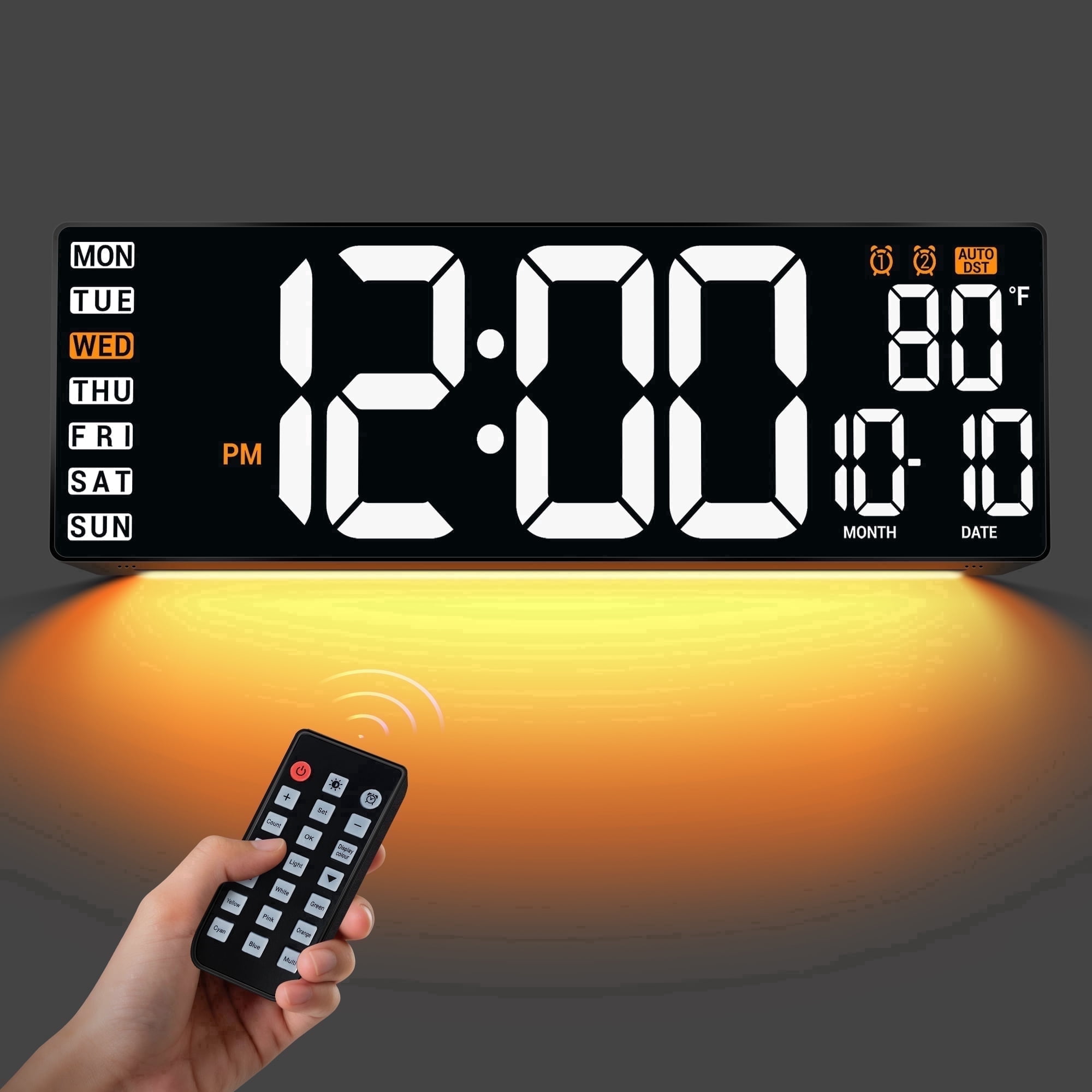 16.5" Large Digital Wall Clock with Remote Control, Auto-Dimming LED Display with Date Temp, Big Number Wall Mount Decor Clock for Seniors, Classroom, Dorm, Home, Office, Gym White