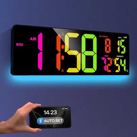 16.5" Large Digital Wall Clock, Sync Time, Count Down Timer, Dual , Big LED RGB Color, Auto DST, Digital Clock for Living Room Classroom Desk, Christmas Birthday for Senior Mom Dad