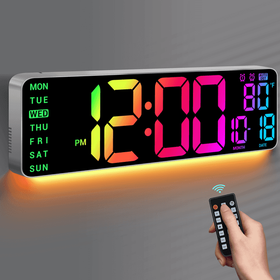 16.5" Large Digital Wall Mount Clock: RGB Lights with 11 Scenes Mode Remote Control, Dual Alarms with Big LED Display, Auto DST, Temperature for Classroom Gaming - House Warming Gifts, Gray